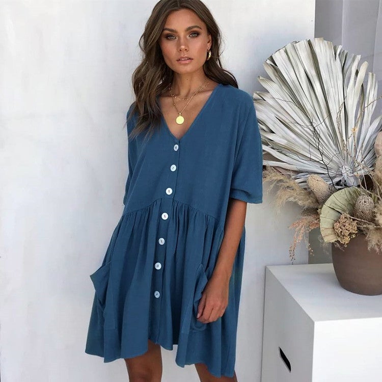 Button Down Summer Shift Dress with Pockets