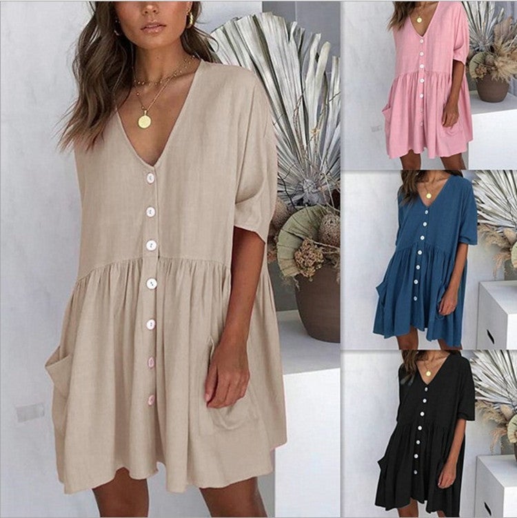 Button Down Summer Shift Dress with Pockets