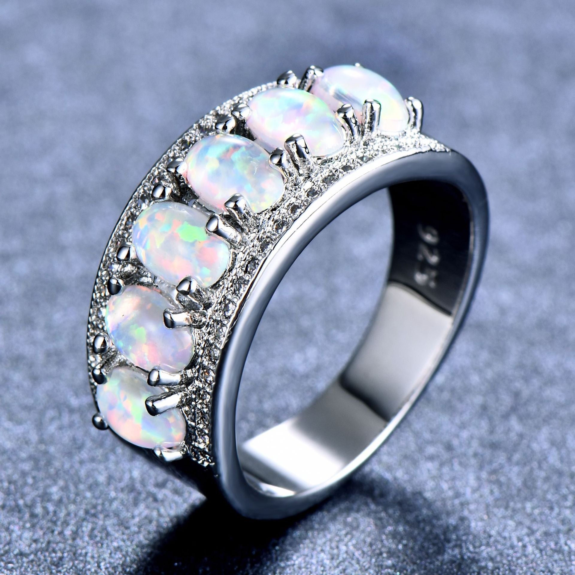 White Gold Plated Oval-Cut White Fire Opal &amp; Cubic Zirconia Ring