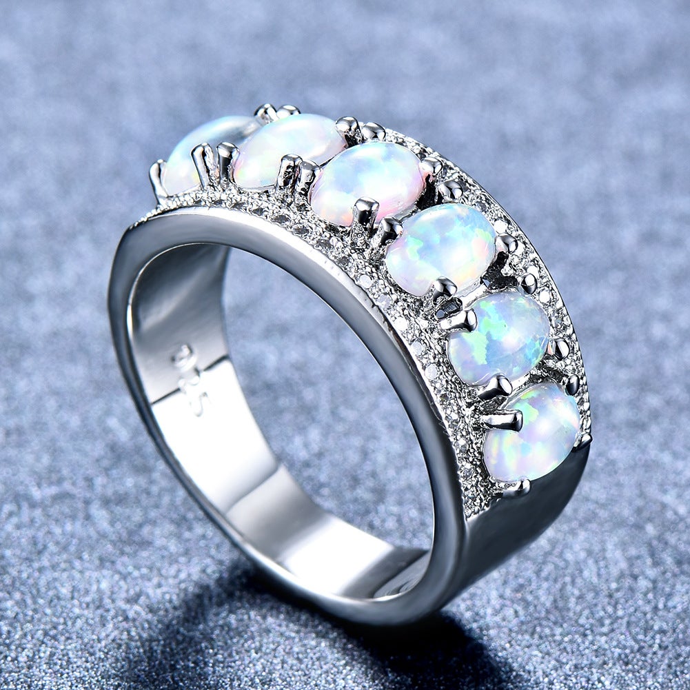 White Gold Plated Oval-Cut White Fire Opal &amp; Cubic Zirconia Ring