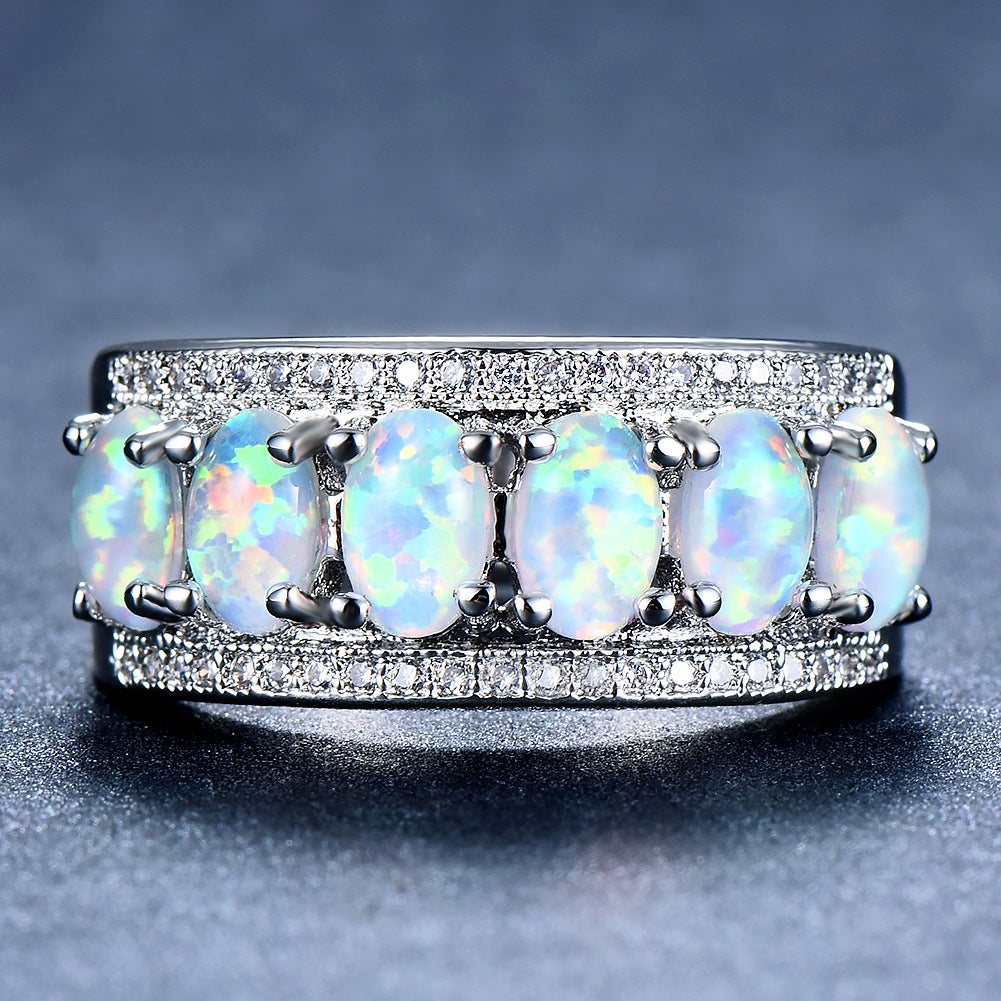 White Gold Plated Oval-Cut White Fire Opal &amp; Cubic Zirconia Ring