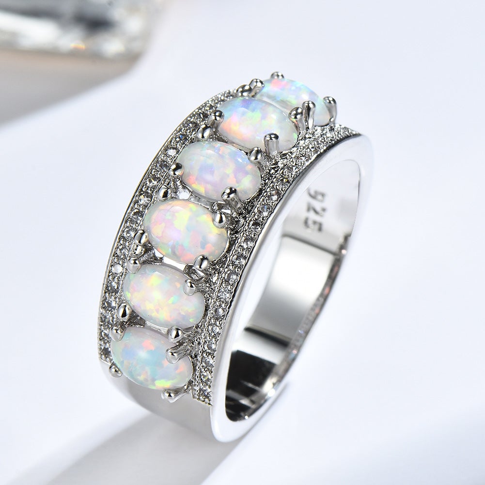 White Gold Plated Oval-Cut White Fire Opal &amp; Cubic Zirconia Ring