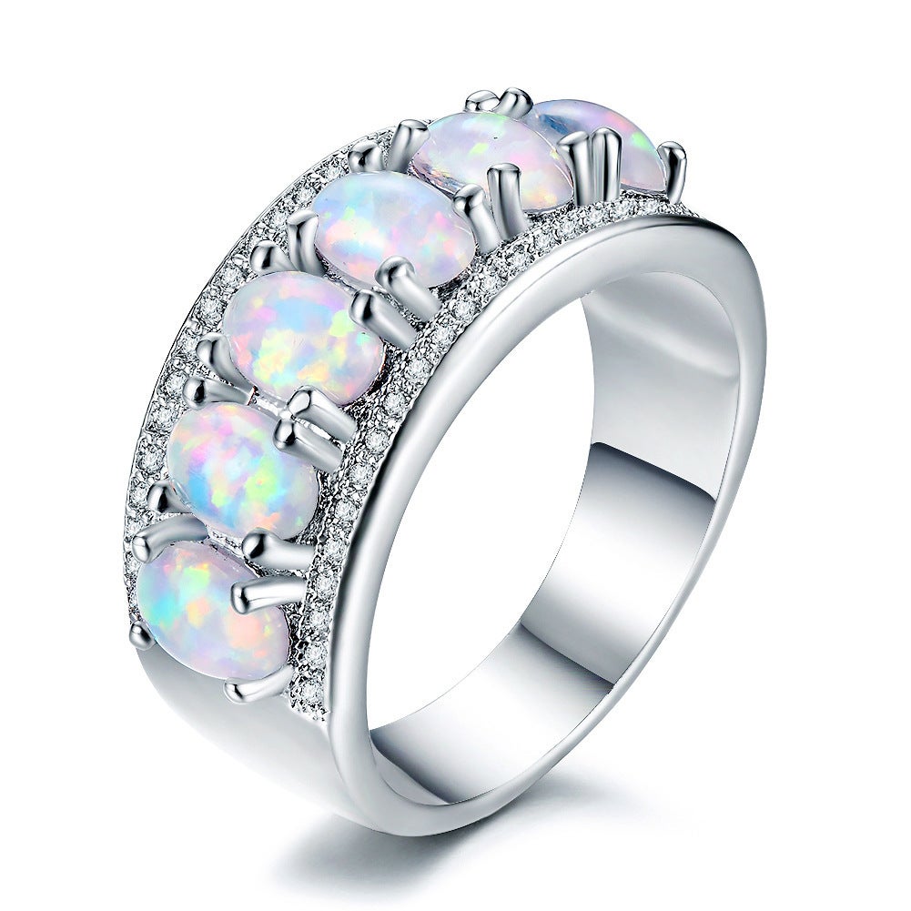White Gold Plated Oval-Cut White Fire Opal &amp; Cubic Zirconia Ring