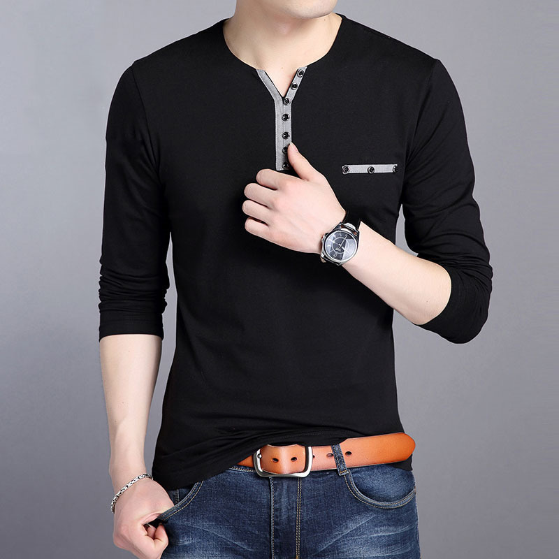 High quality Men Long Sleeve Men's T-shirt Fashion Slim Fit V-neck Casual Male Tshirt