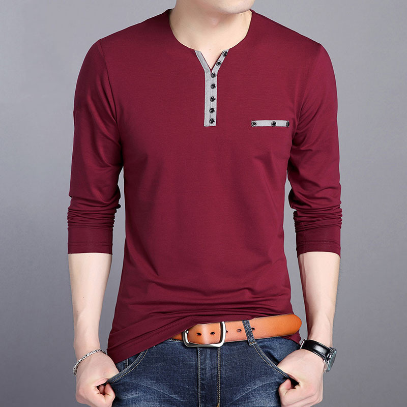 High quality Men Long Sleeve Men's T-shirt Fashion Slim Fit V-neck Casual Male Tshirt