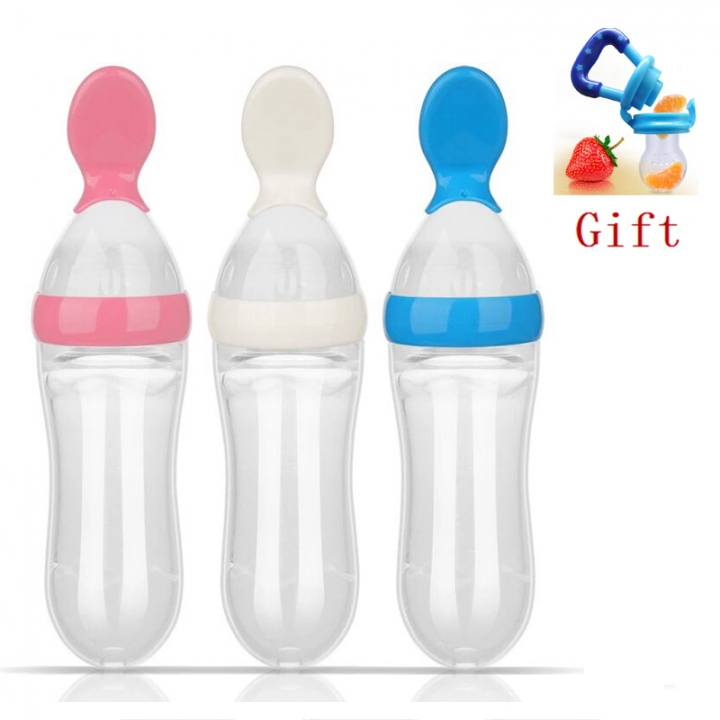 Baby silicone squeezed rice paste bottle, feeding rice paste spoon, baby food supplement spoon