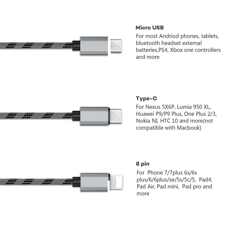 Nylon Braided Cable (1.25 meter) with Micro USB / Type C for Cell Phones Tablets