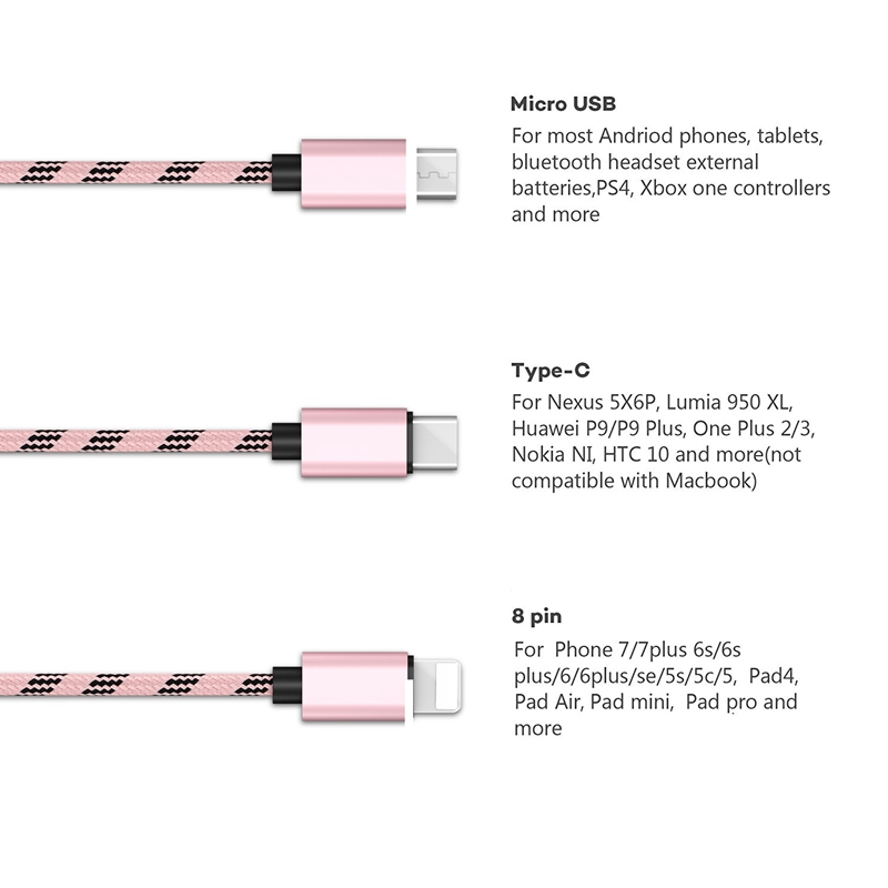 Nylon Braided Cable (1.25 meter) with Micro USB / Type C for Cell Phones Tablets