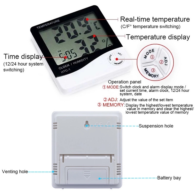 HTC-1Home Indoor Outdoor hygrometer thermometer Weather Station with Clock
