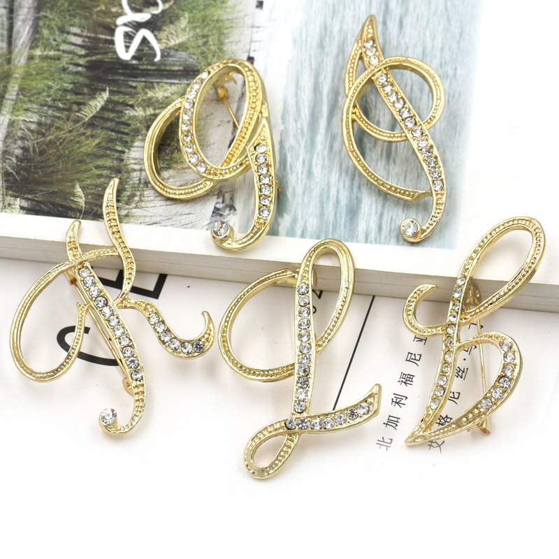 26 Initial Letters A to Z Clear Crystal Rhinestone Brooch Pins Women Jewelry in Gold Color Plated