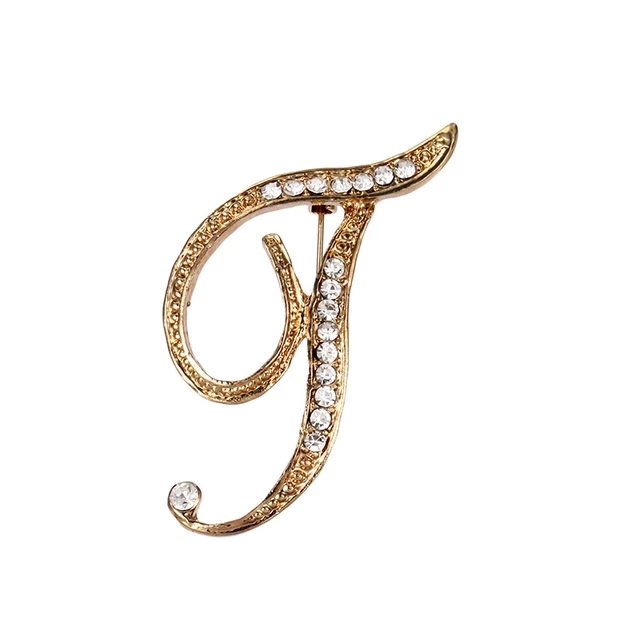 26 Initial Letters A to Z Clear Crystal Rhinestone Brooch Pins Women Jewelry in Gold Color Plated