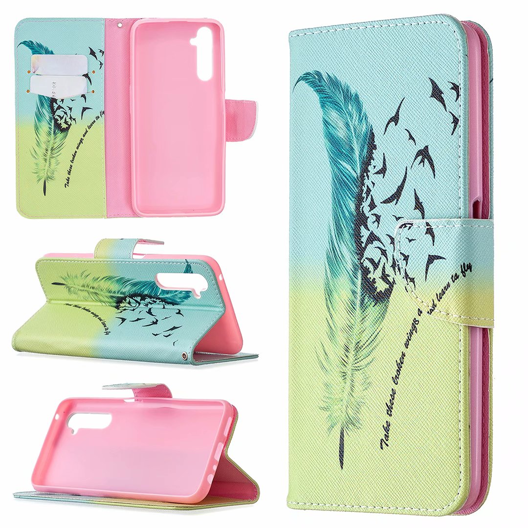 Oppo Realme 6 Pro Case, Colorful Flip PU Leather Wallet Magnetic Phone Bag Cover - Free feather