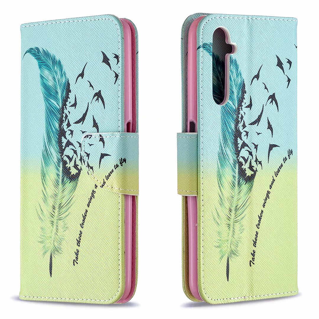 Oppo Realme 6 Pro Case, Colorful Flip PU Leather Wallet Magnetic Phone Bag Cover - Free feather