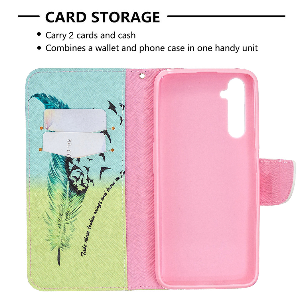 Oppo Realme 6 Pro Case, Colorful Flip PU Leather Wallet Magnetic Phone Bag Cover - Free feather