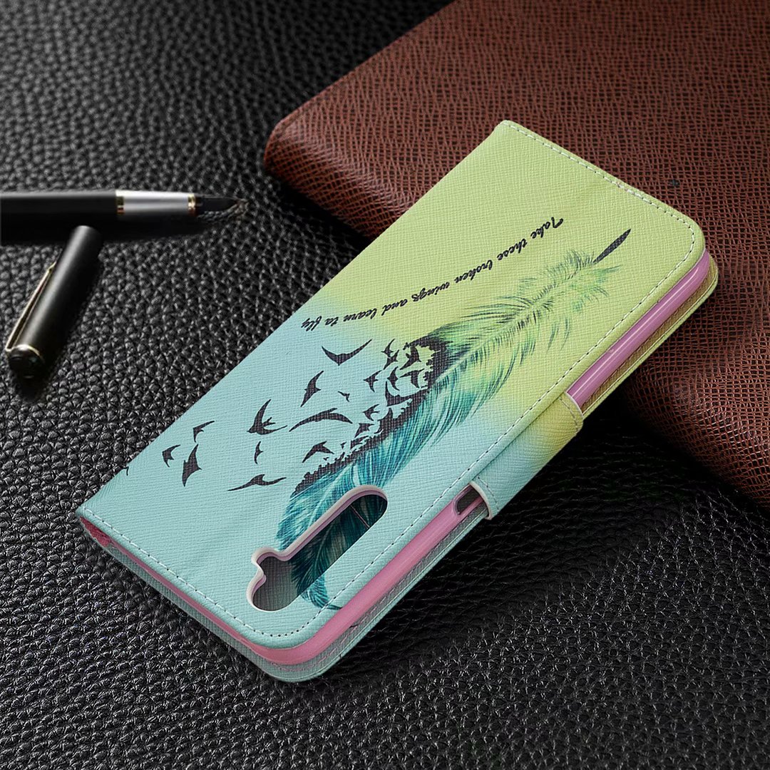 Oppo Realme 6 Pro Case, Colorful Flip PU Leather Wallet Magnetic Phone Bag Cover - Free feather
