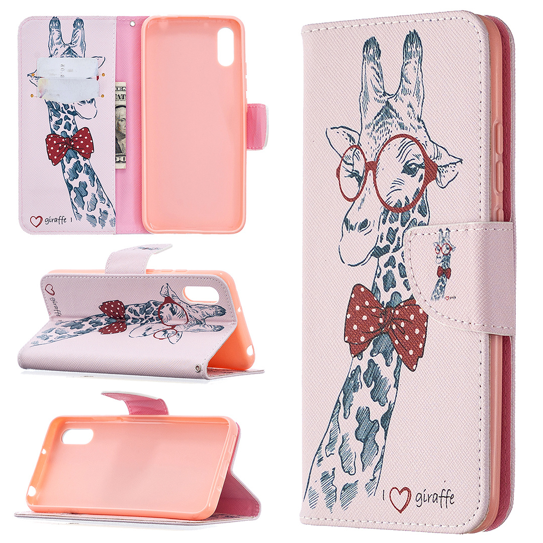 Xiaomi Redmi 9A Case, Colorful Flip PU Leather Wallet Magnetic Phone Bag Cover - Giraffe
