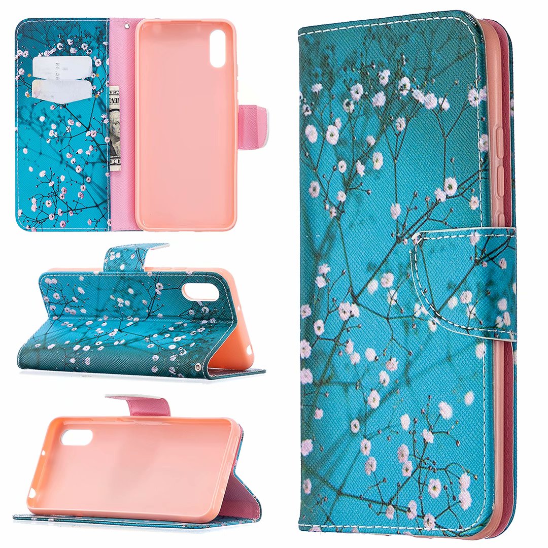 Xiaomi Redmi 9A Case, Colorful Flip PU Leather Wallet Magnetic Phone Bag Cover - Plum Flower