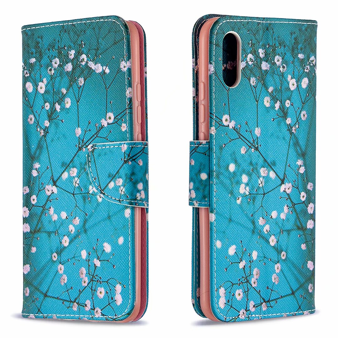 Xiaomi Redmi 9A Case, Colorful Flip PU Leather Wallet Magnetic Phone Bag Cover - Plum Flower