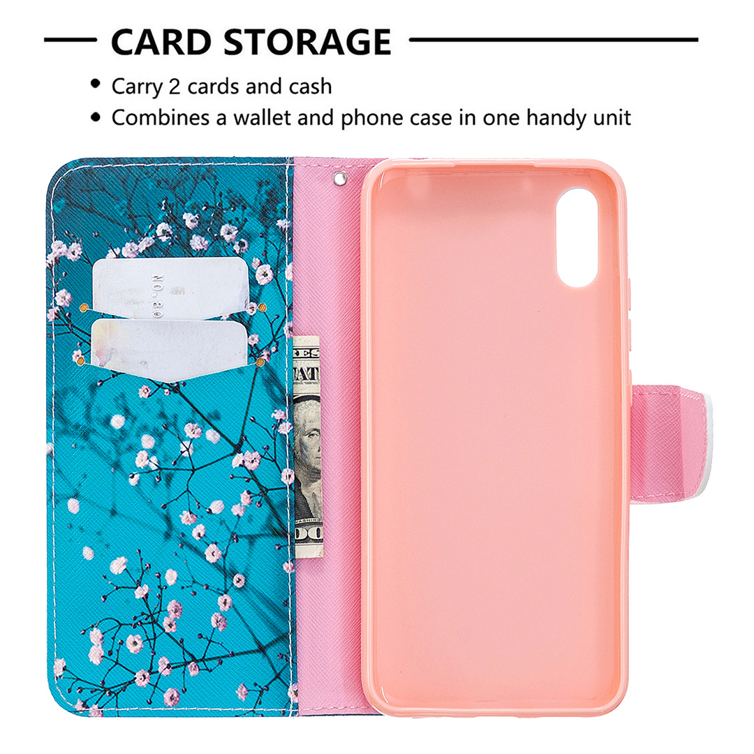 Xiaomi Redmi 9A Case, Colorful Flip PU Leather Wallet Magnetic Phone Bag Cover - Plum Flower