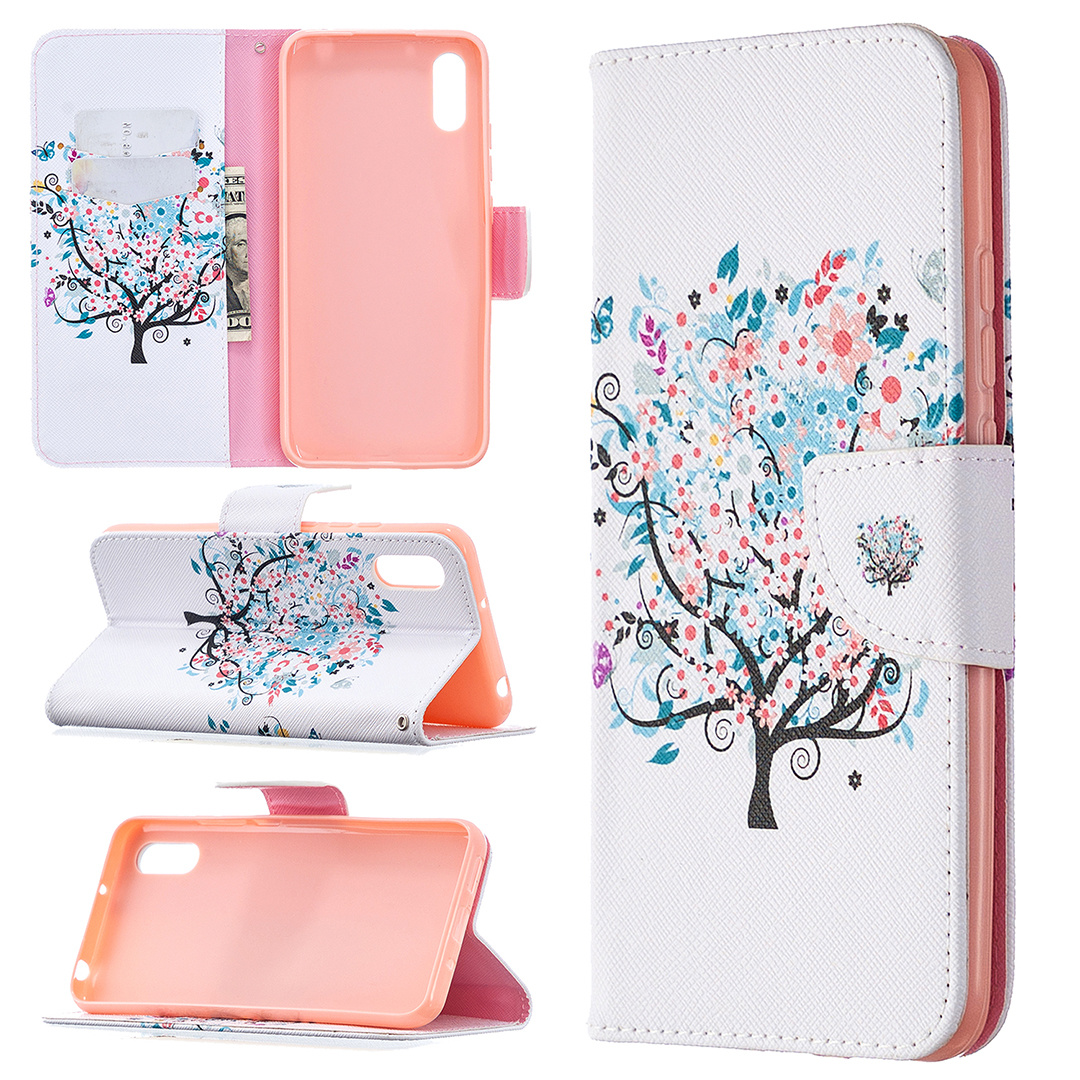 Xiaomi Redmi 9A Case, Colorful Flip PU Leather Wallet Magnetic Phone Bag Cover - Color tree