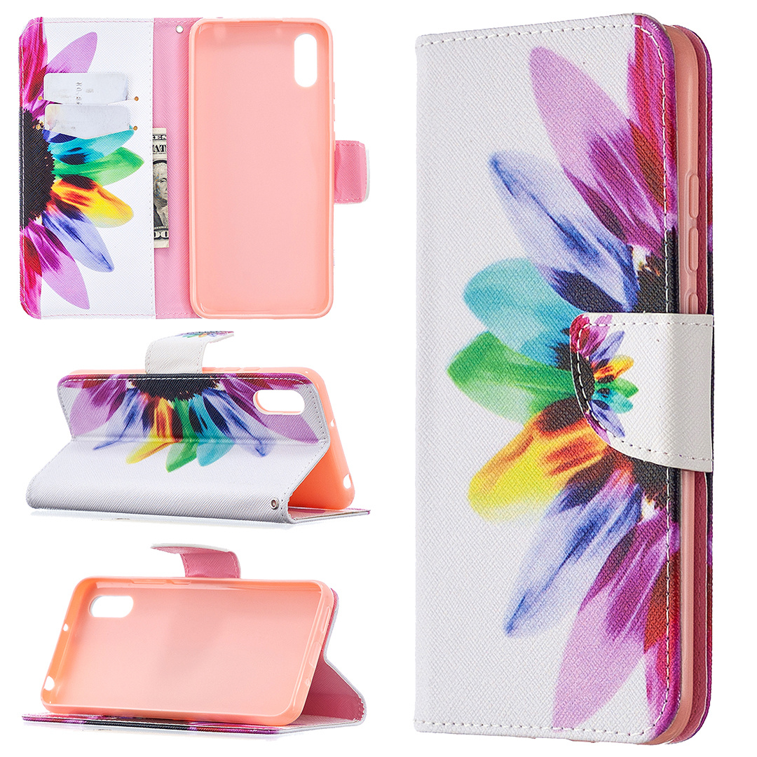 Xiaomi Redmi 9A Case, Colorful Flip PU Leather Wallet Magnetic Phone Bag Cover - Sun Flower