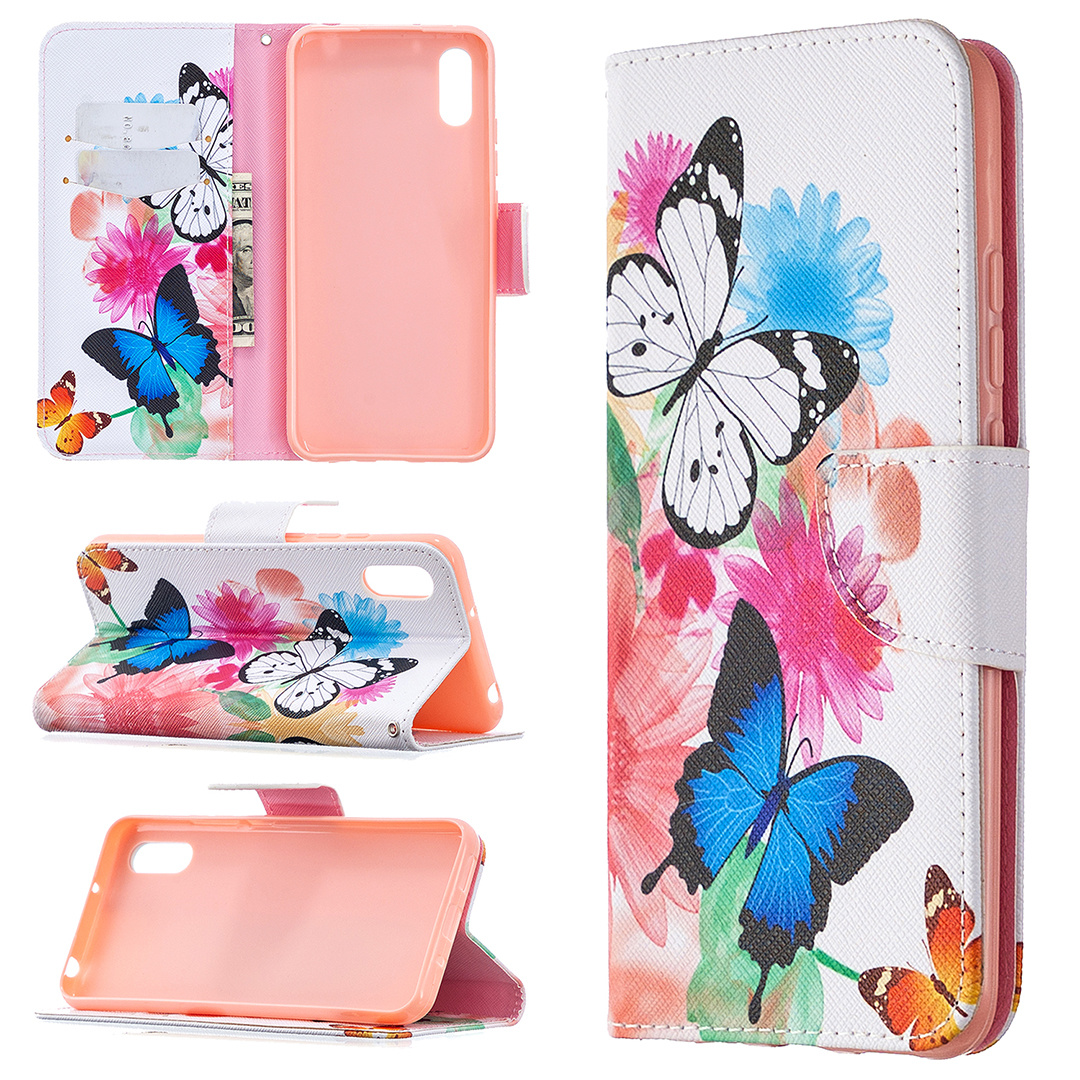 Xiaomi Redmi 9A Case, Colorful Flip PU Leather Wallet Magnetic Phone Bag Cover - Flower Butterfly