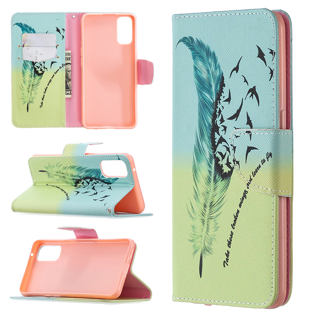 Oppo Reno 4 5G Case, Colorful Flip PU Leather Wallet Magnetic Phone Bag Cover - Free feather