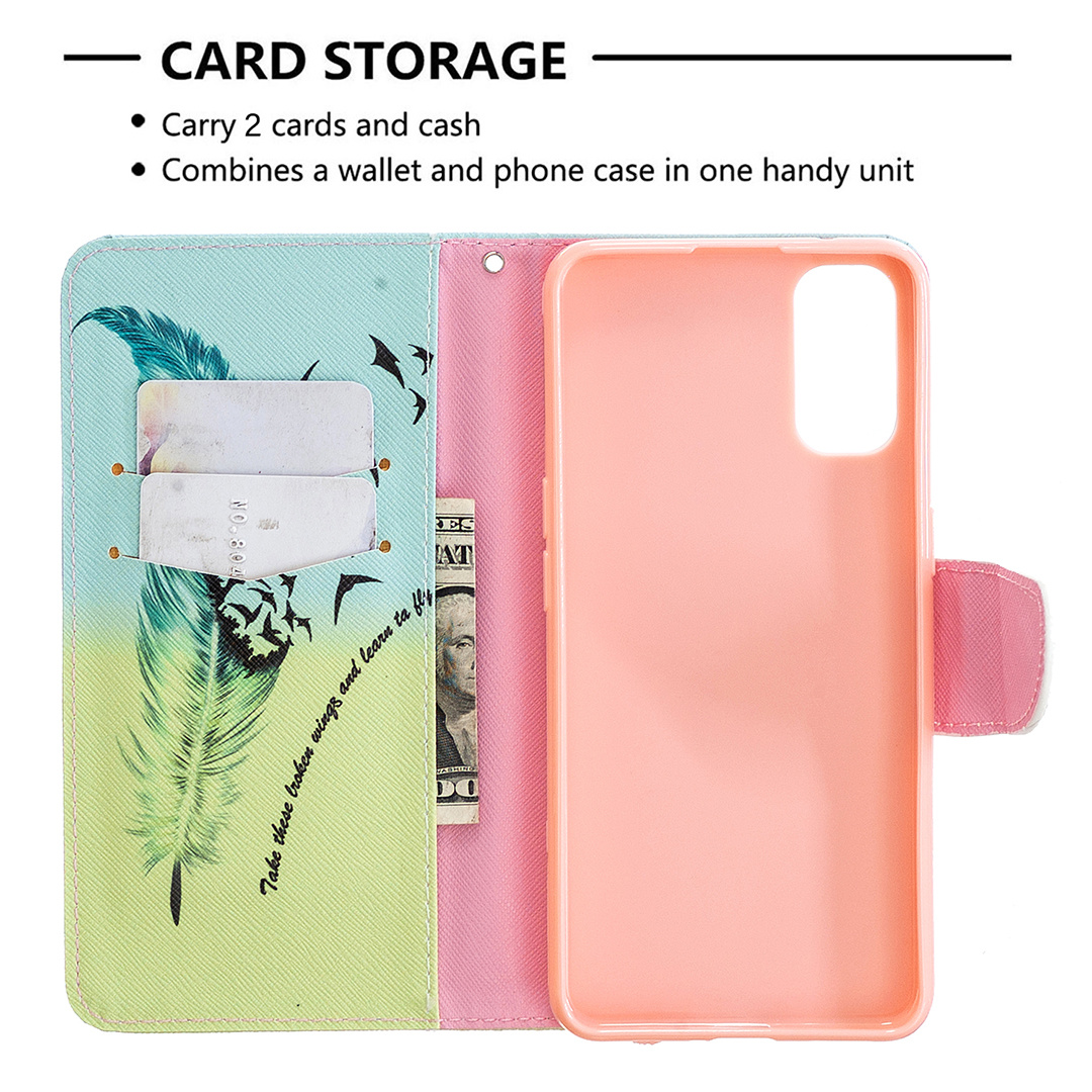 Oppo Reno 4 5G Case, Colorful Flip PU Leather Wallet Magnetic Phone Bag Cover - Free feather