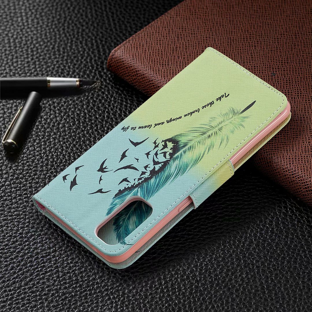 Oppo Reno 4 5G Case, Colorful Flip PU Leather Wallet Magnetic Phone Bag Cover - Free feather