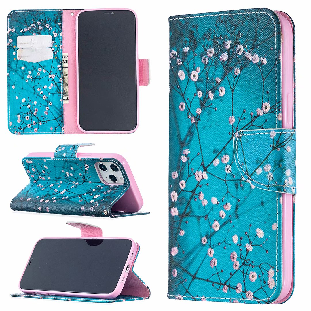 iPhone 12 Pro Max 6.7 inch Case, Flip PU Leather Wallet Magnetic Phone Bag Cover - Plum Flower