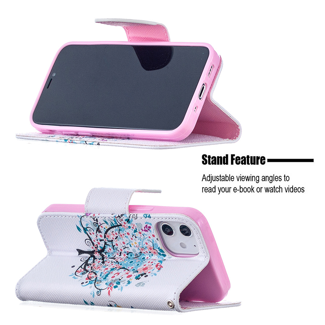iPhone 12 (5.4 inch) 2020 Case, Colorful Flip PU Leather Wallet Phone Bag Cover - Color tree