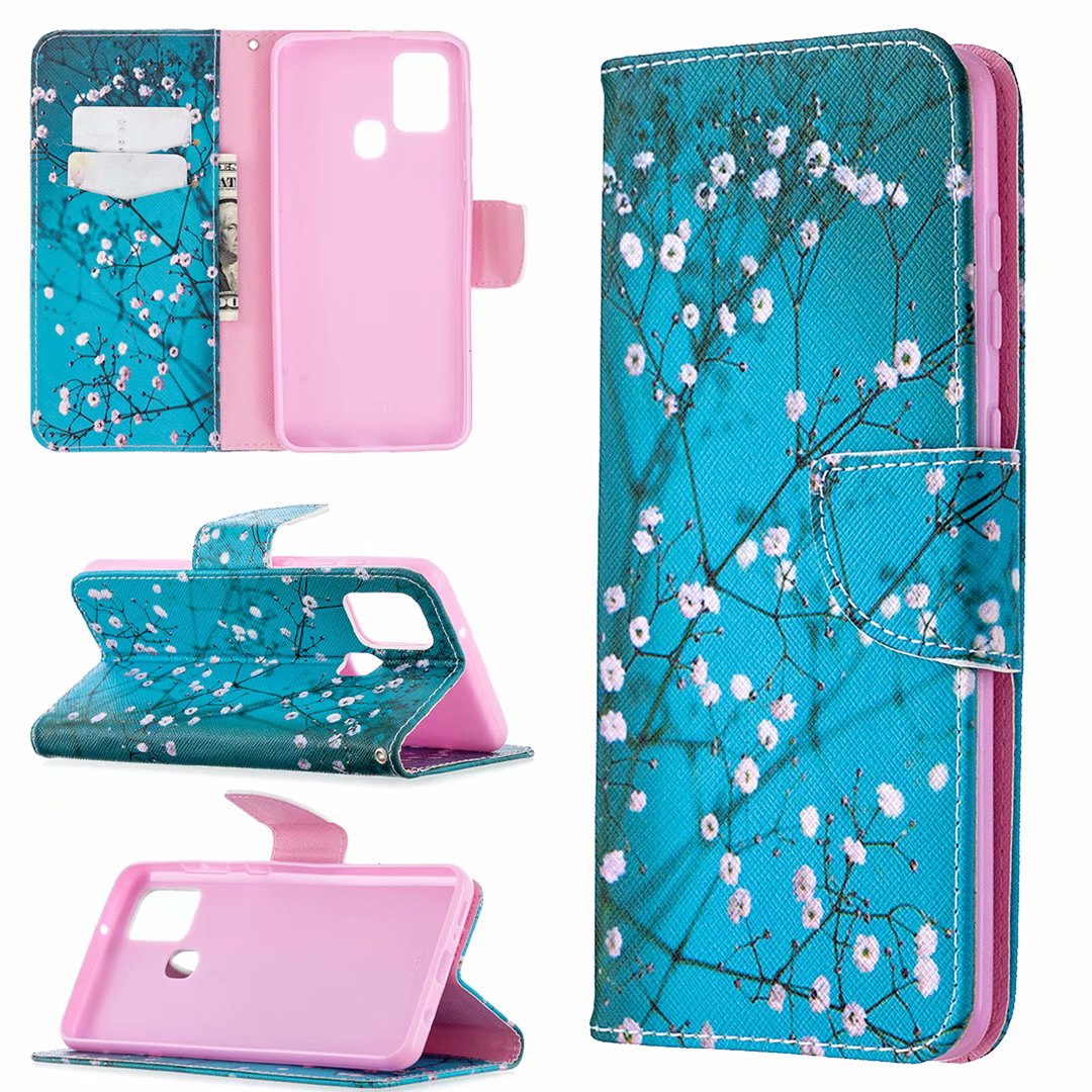 Samsung Galaxy A21S Case, Colorful Flip PU Leather Wallet Phone Bag Cover - Plum Flower