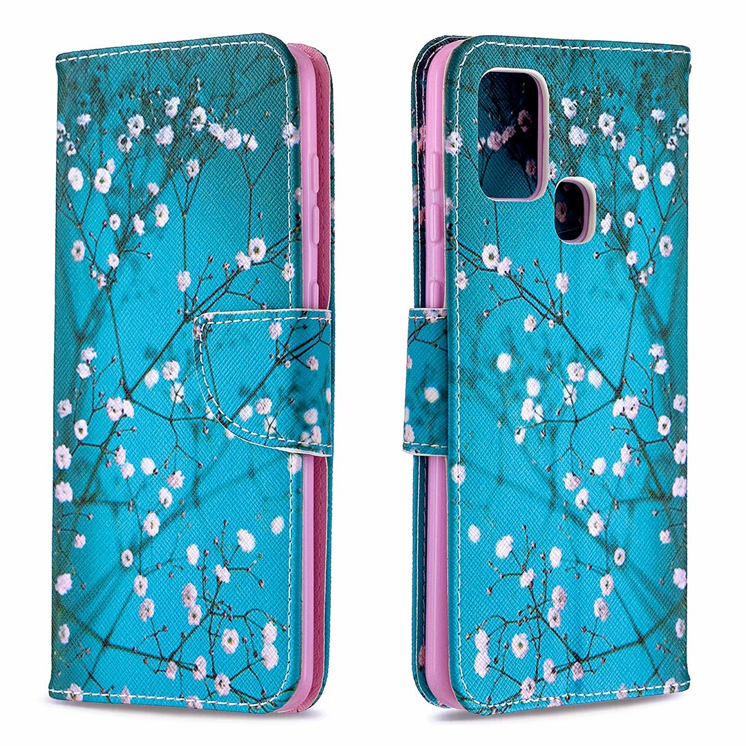 Samsung Galaxy A21S Case, Colorful Flip PU Leather Wallet Phone Bag Cover - Plum Flower