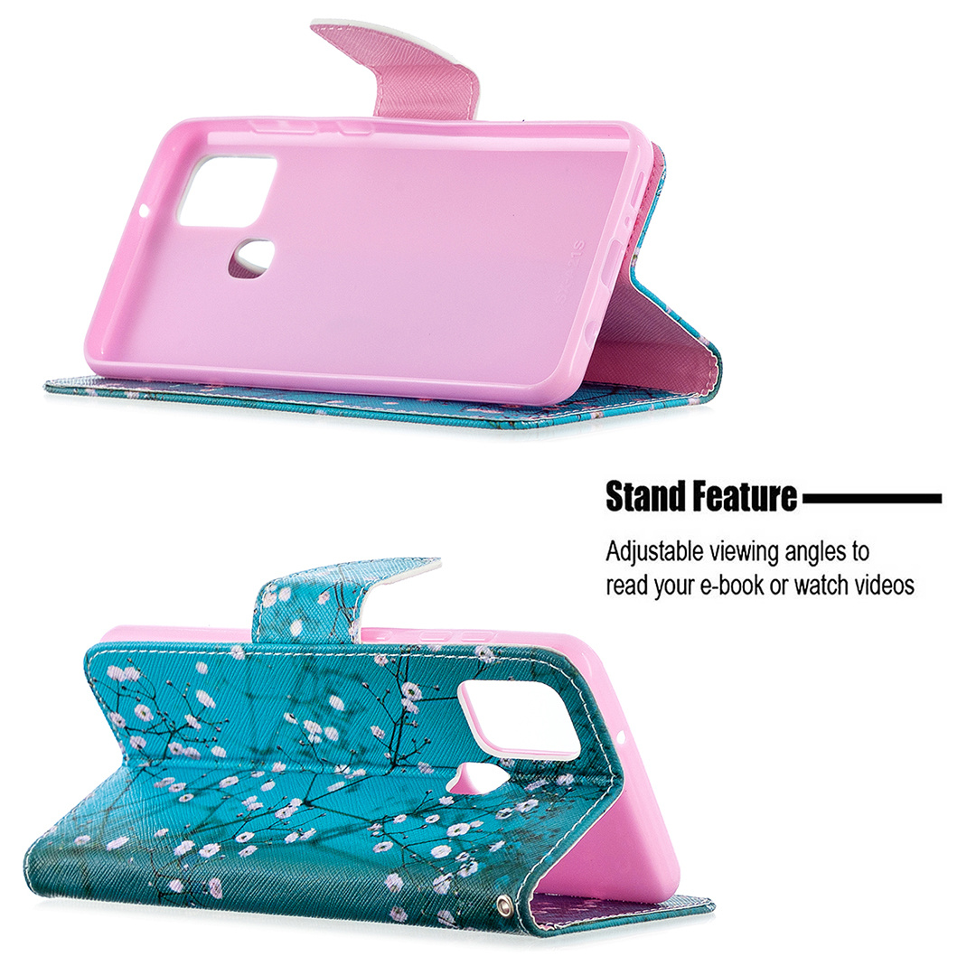 Samsung Galaxy A21S Case, Colorful Flip PU Leather Wallet Phone Bag Cover - Plum Flower