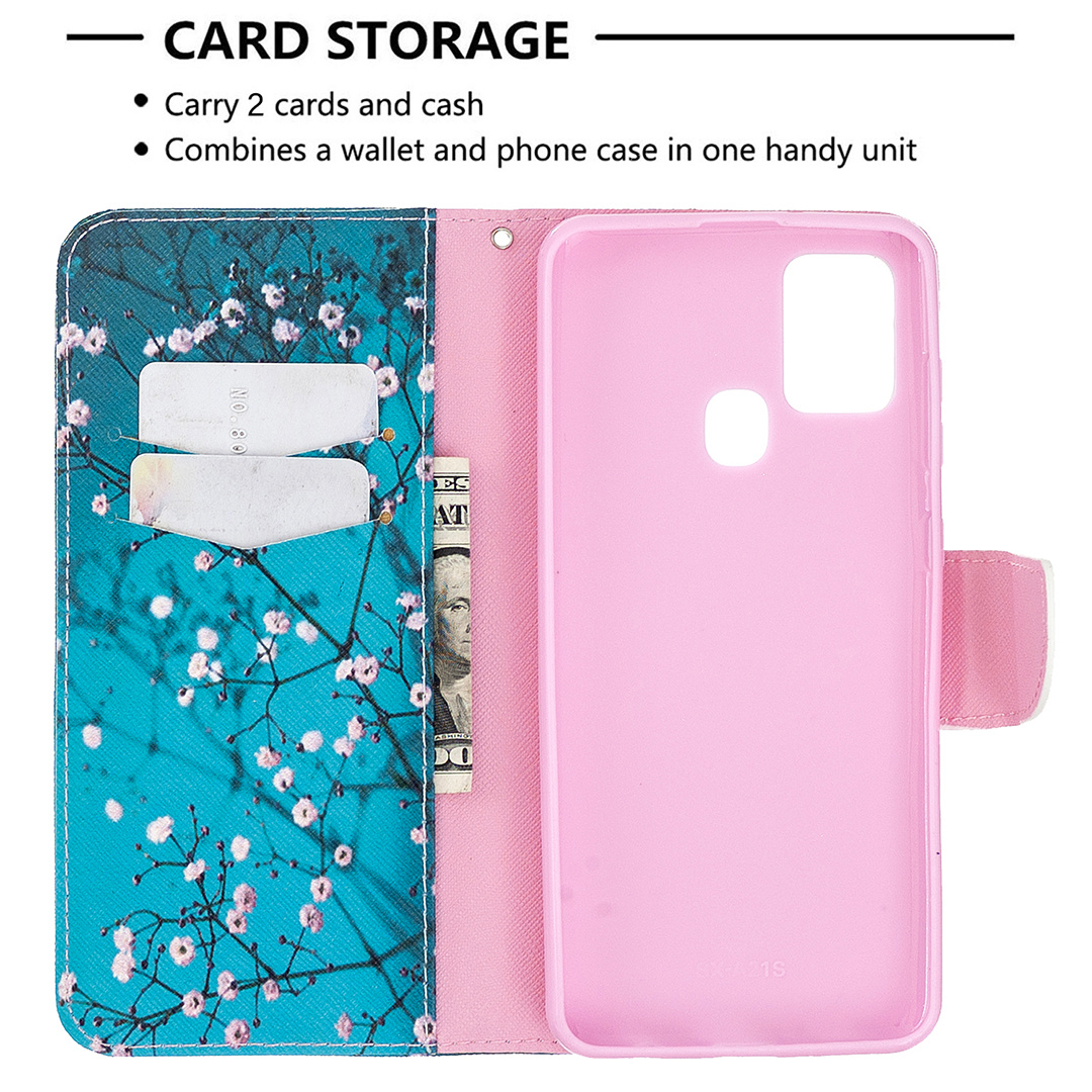 Samsung Galaxy A21S Case, Colorful Flip PU Leather Wallet Phone Bag Cover - Plum Flower