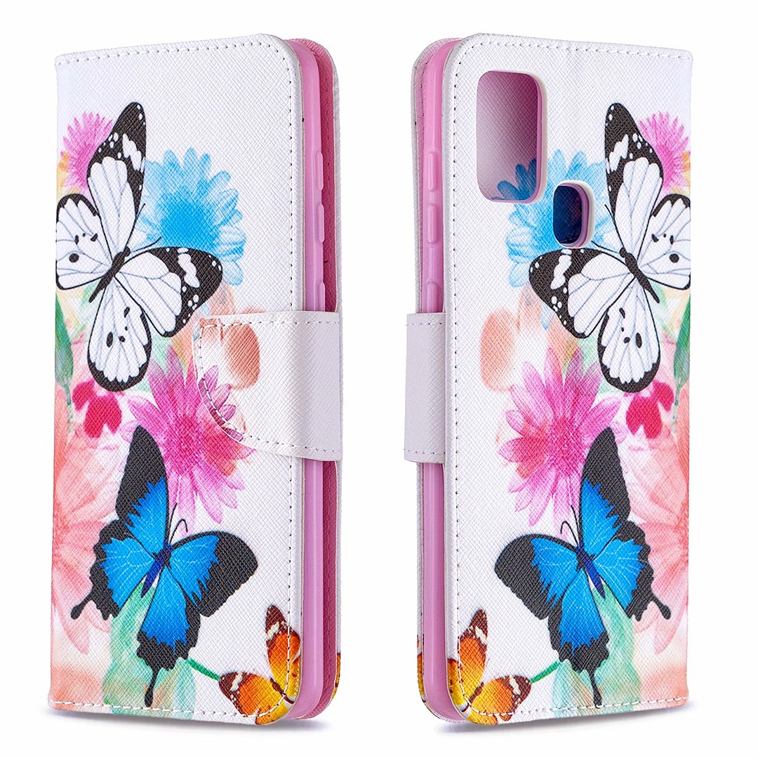Samsung Galaxy A21S Case, Colorful Flip PU Leather Wallet Phone Bag Cover - Flower Butterfly