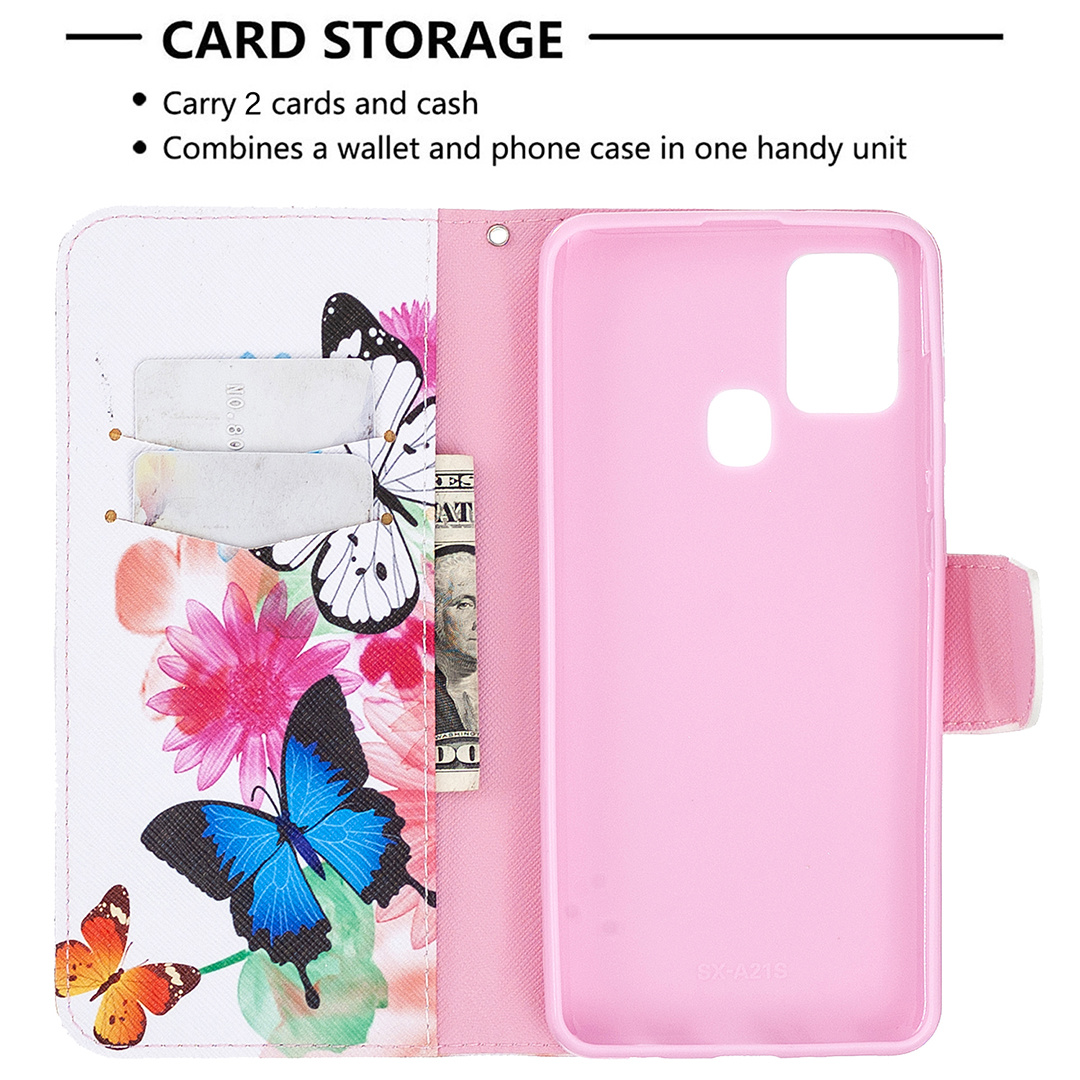 Samsung Galaxy A21S Case, Colorful Flip PU Leather Wallet Phone Bag Cover - Flower Butterfly