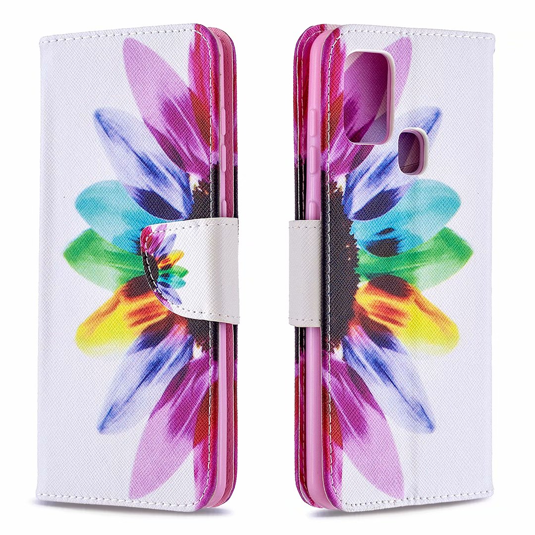 Samsung Galaxy A21S Case, Colorful Flip PU Leather Wallet Phone Bag Cover - Sun Flower