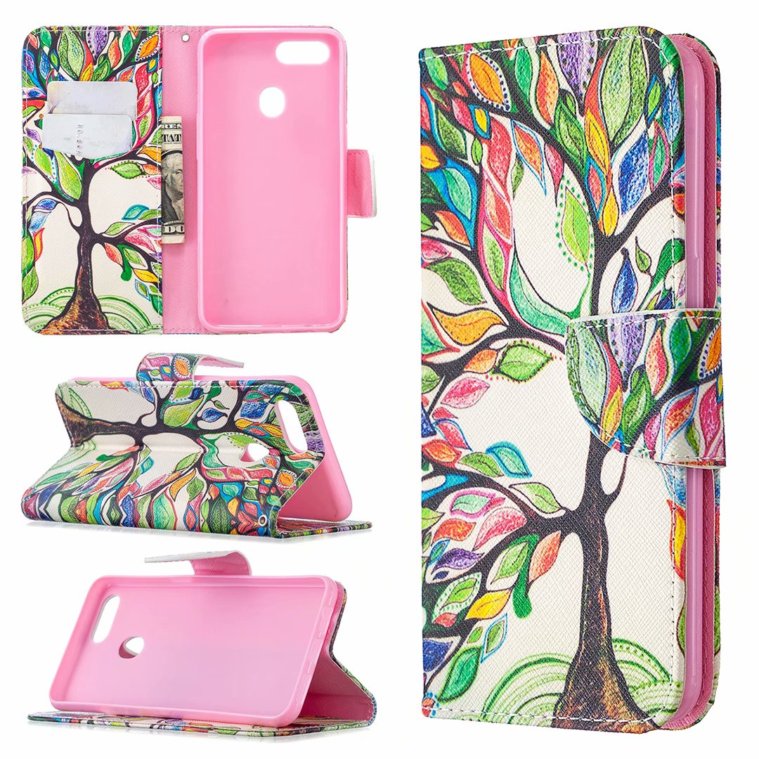 Oppo A3s Case, Oppo A5 (AX5) (6.2inch) 2018 Case, Flip PU Leather Wallet Phone Cover - Painting tree
