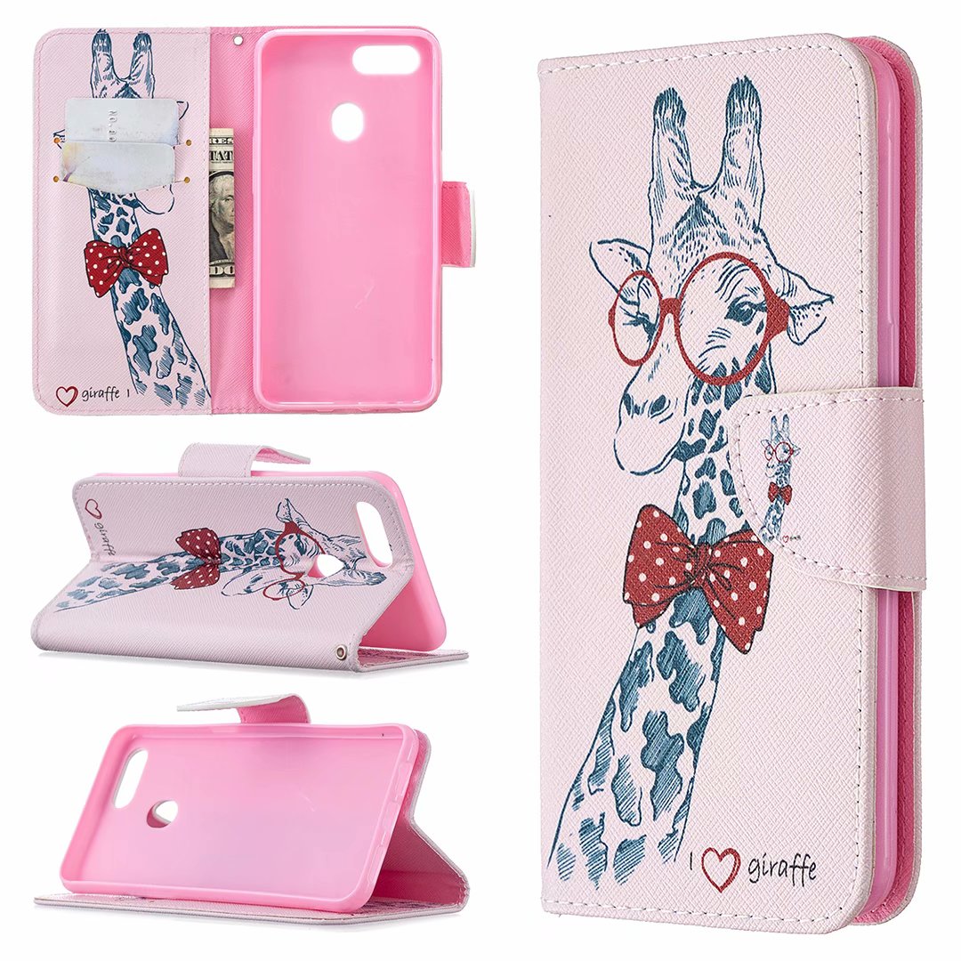 Oppo A3s Case, Oppo A5 (AX5) (6.2inch) 2018 Case, Flip PU Leather Wallet Phone Cover - Giraffe