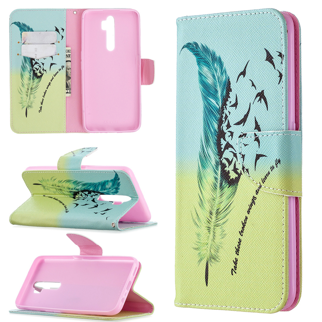 Oppo A9 2020 Case, Oppo A5 2020 Case, Flip PU Leather Wallet Phone Bag Cover - Free feather