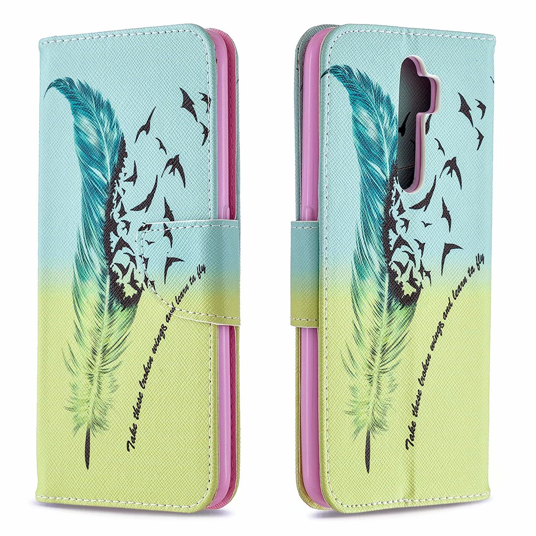 Oppo A9 2020 Case, Oppo A5 2020 Case, Flip PU Leather Wallet Phone Bag Cover - Free feather
