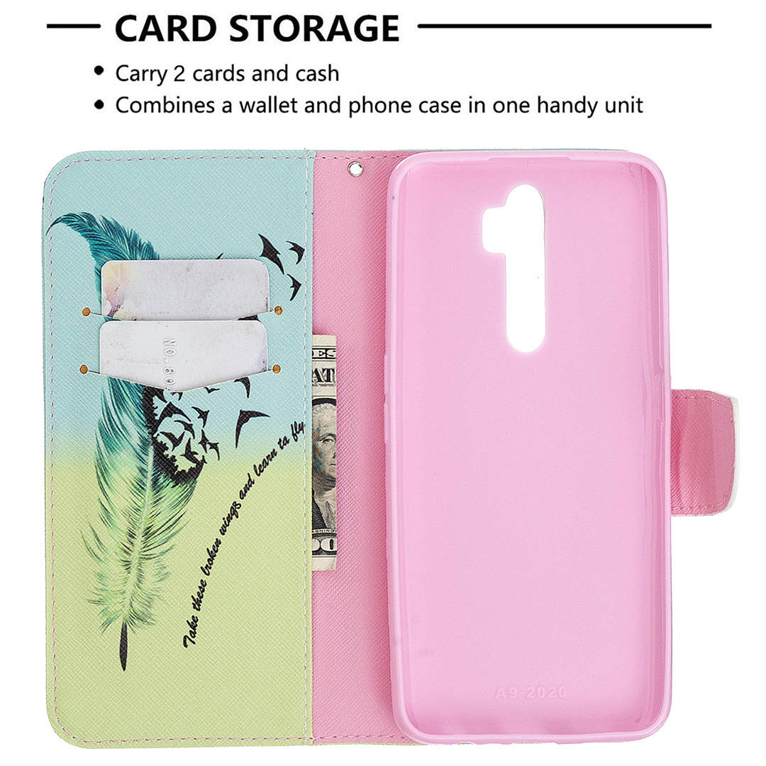 Oppo A9 2020 Case, Oppo A5 2020 Case, Flip PU Leather Wallet Phone Bag Cover - Free feather