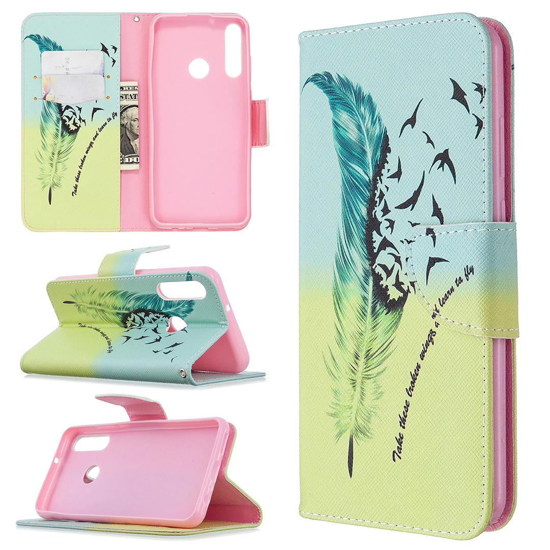 Huawei Y6P (2020) Case, Flip PU Leather Wallet Phone Cover for Huawei Y6P 2020 - Free feather