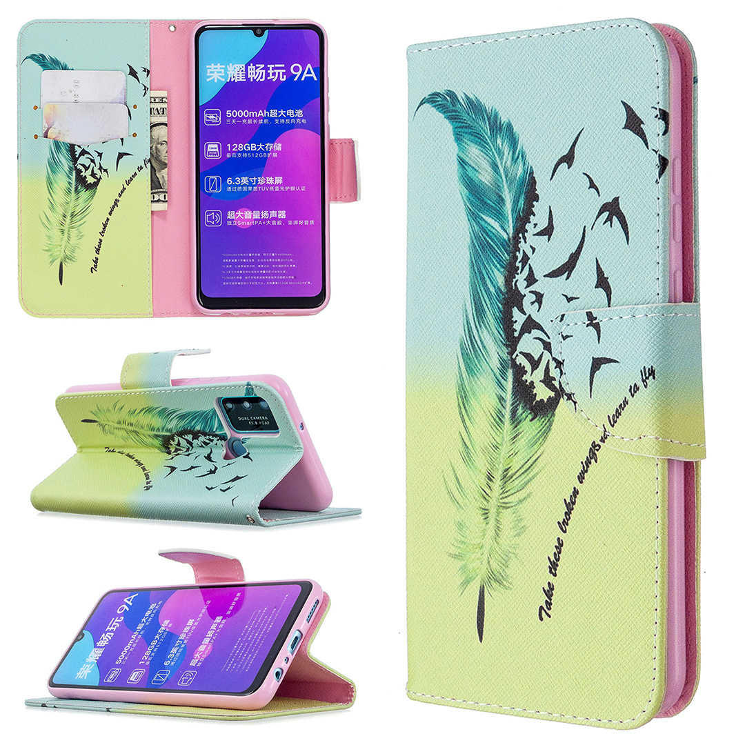 Huawei Honor 9A Case, Flip PU Leather Wallet Phone Bag Cover for Honor 9A - Free feather