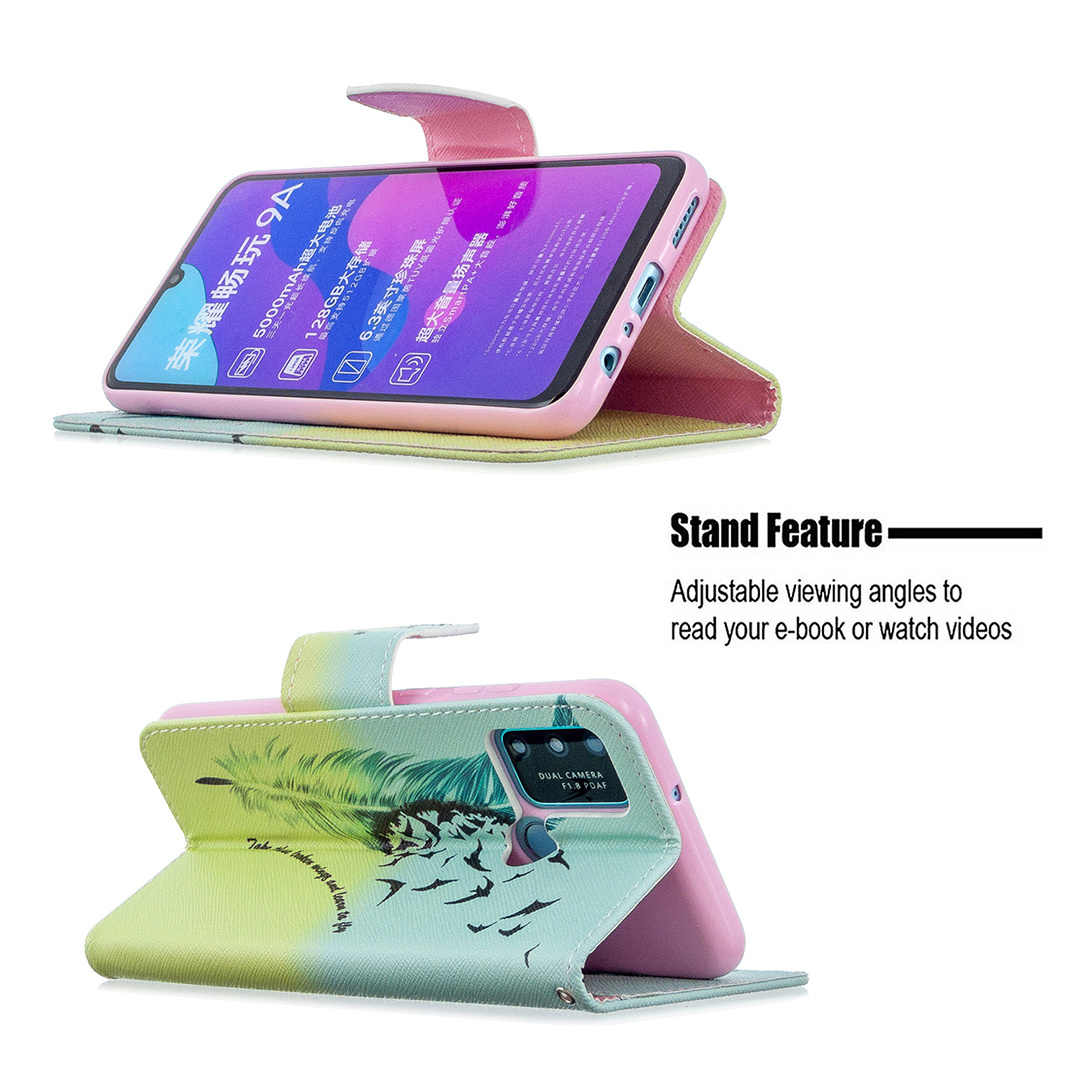 Huawei Honor 9A Case, Flip PU Leather Wallet Phone Bag Cover for Honor 9A - Free feather