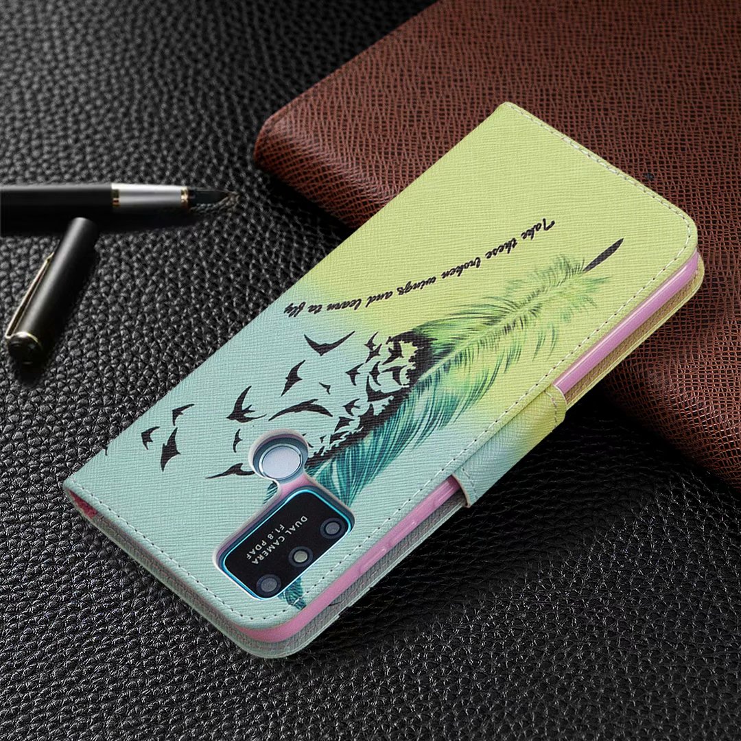 Huawei Honor 9A Case, Flip PU Leather Wallet Phone Bag Cover for Honor 9A - Free feather