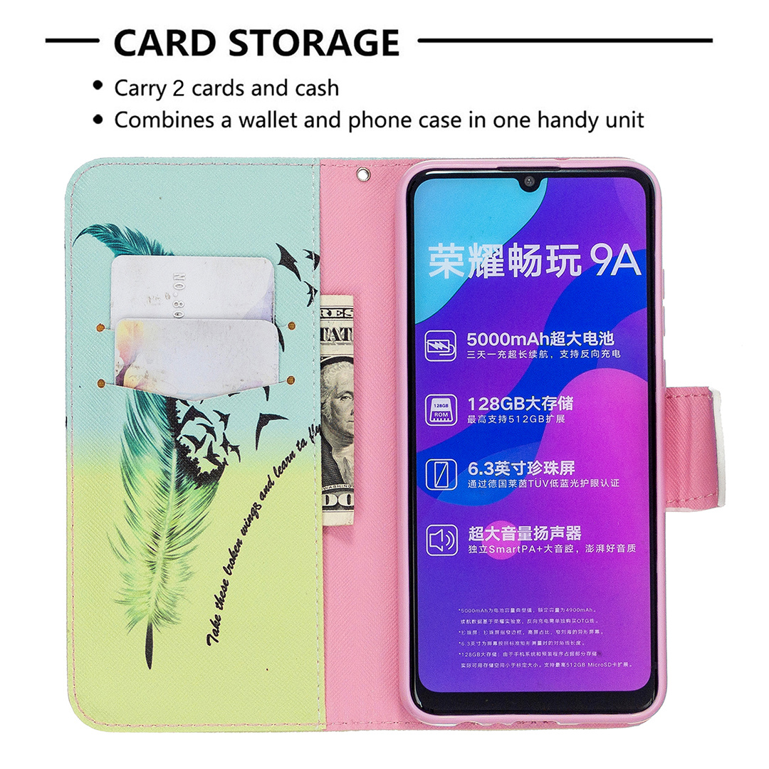 Huawei Honor 9A Case, Flip PU Leather Wallet Phone Bag Cover for Honor 9A - Free feather
