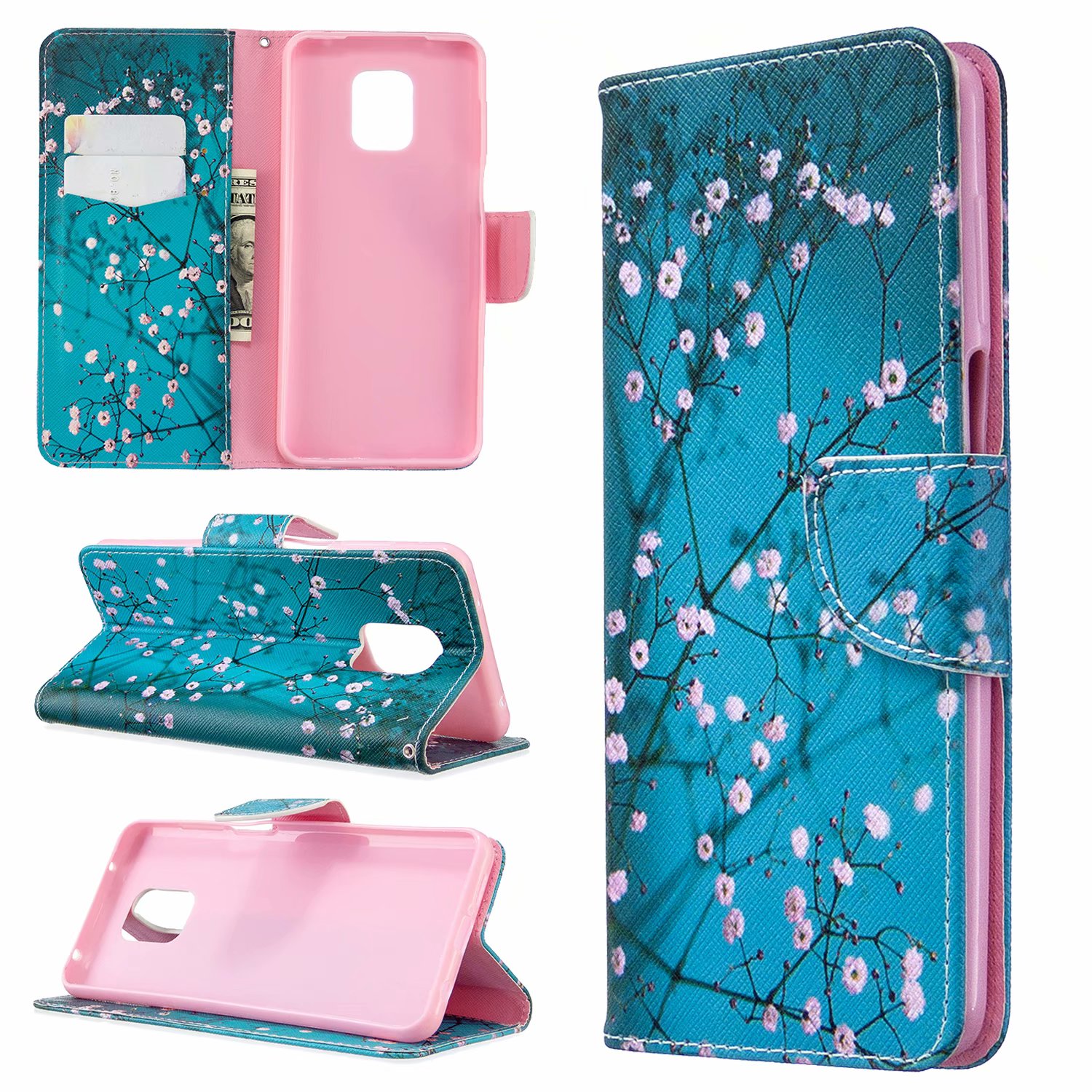 Xiaomi Redmi Note 9 Pro Case, Flip Wallet Phone Bag Cover for Redmi Note 9S - Plum Flower
