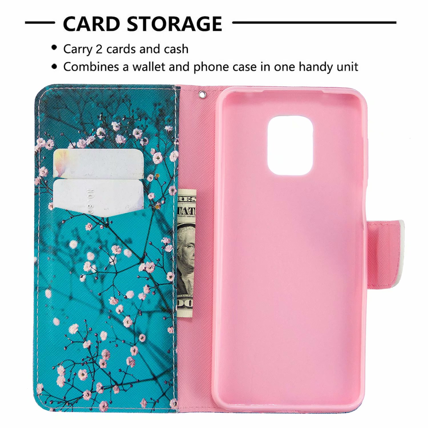 Xiaomi Redmi Note 9 Pro Case, Flip Wallet Phone Bag Cover for Redmi Note 9S - Plum Flower